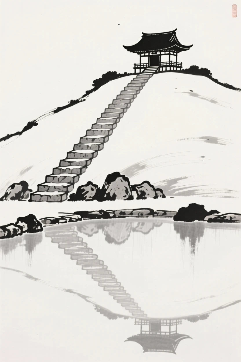 A stone staircase leading up to a hilltop temple at the top of a long stone staircase, seen from across still water, reflected on the surface, capturing a serene blend of nature and human presence.