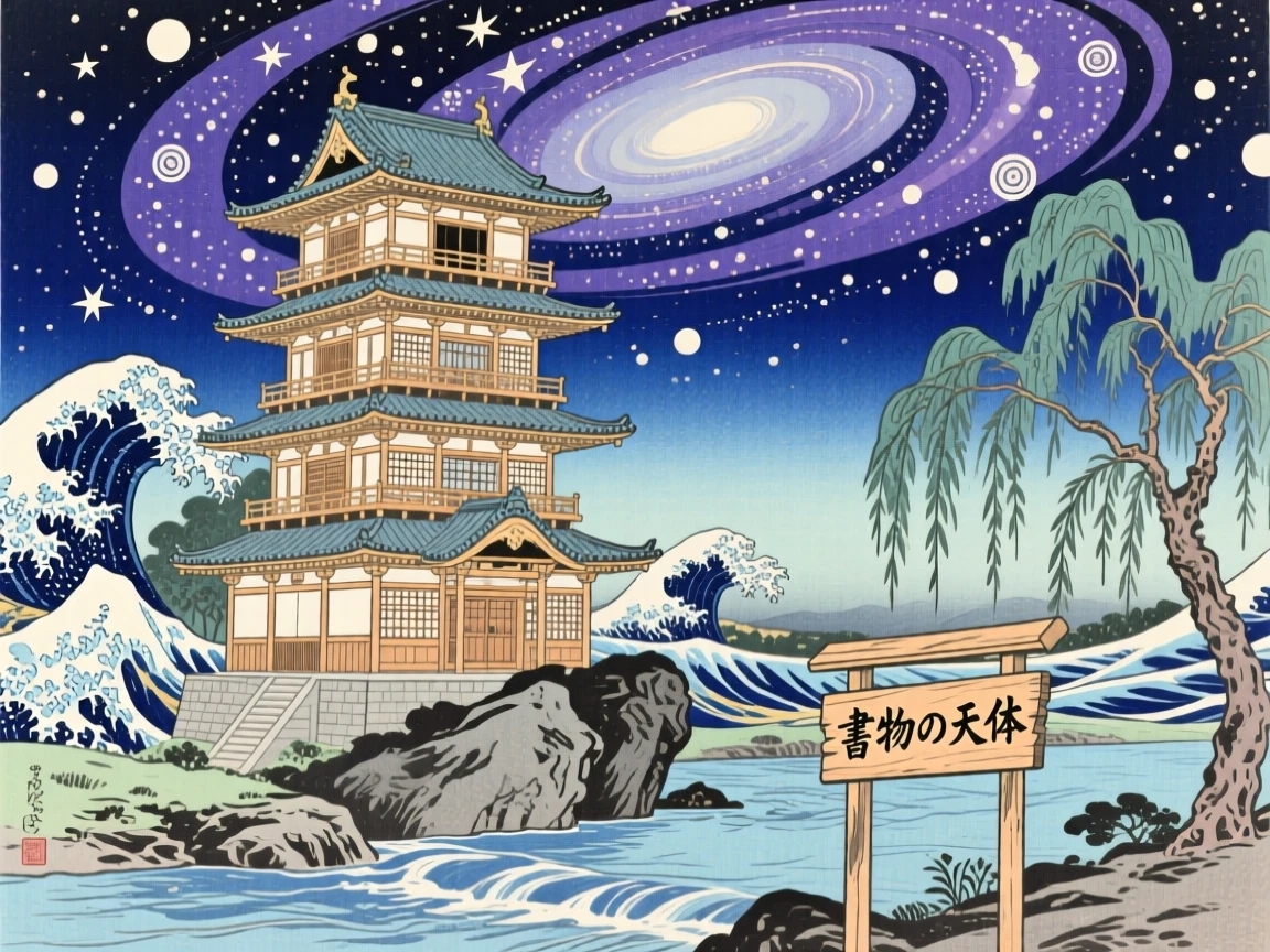 A library tower rising into a swirling galaxy, drifting silently through the night.
