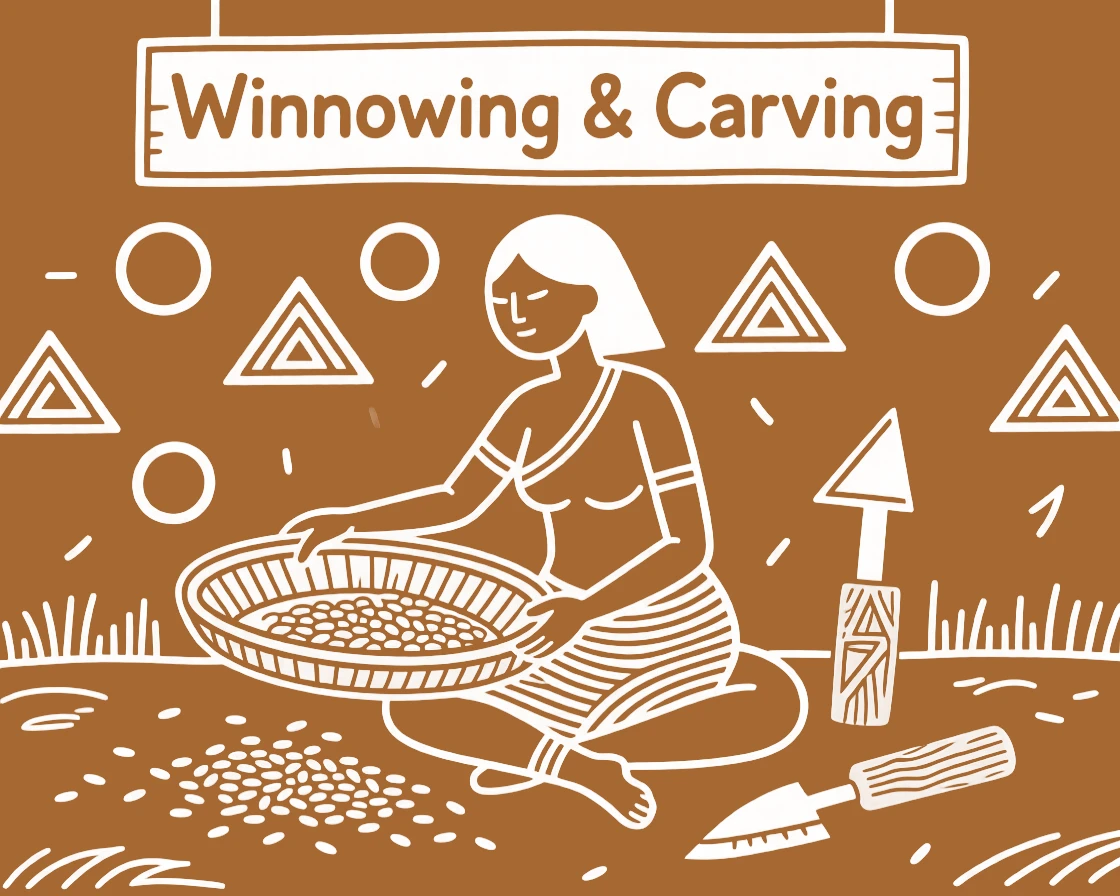 A woman winnowing grain carving a wooden tool by hand.