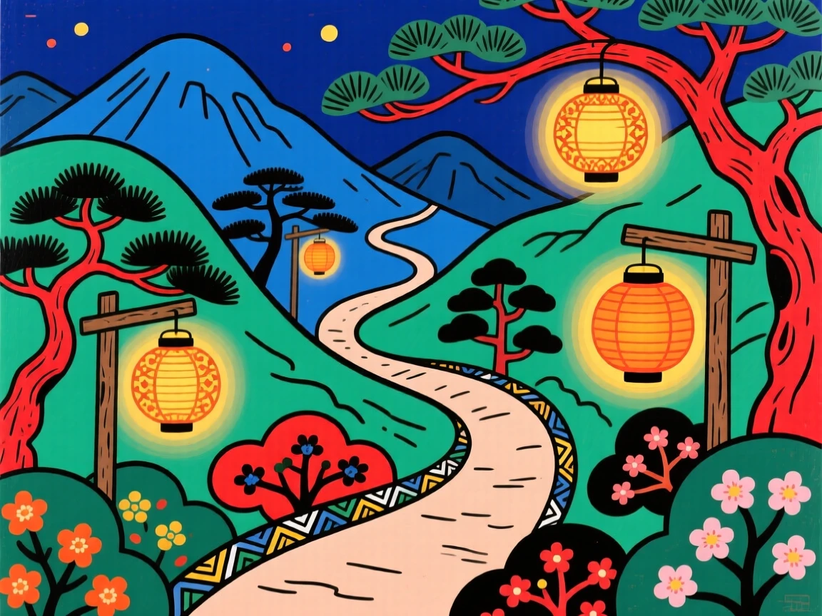 A winding mountain path, under the soft glow of lantern light.