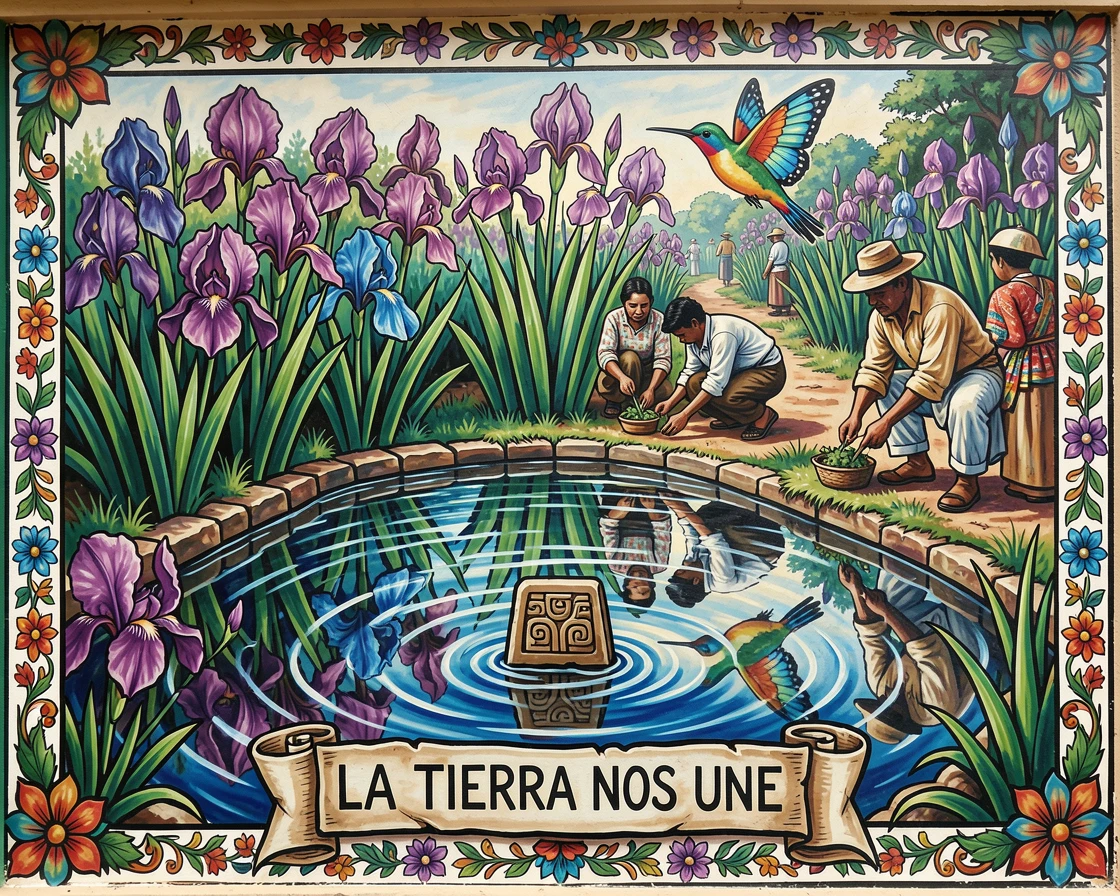 A garden pond reflecting the colors of a blooming iris bed