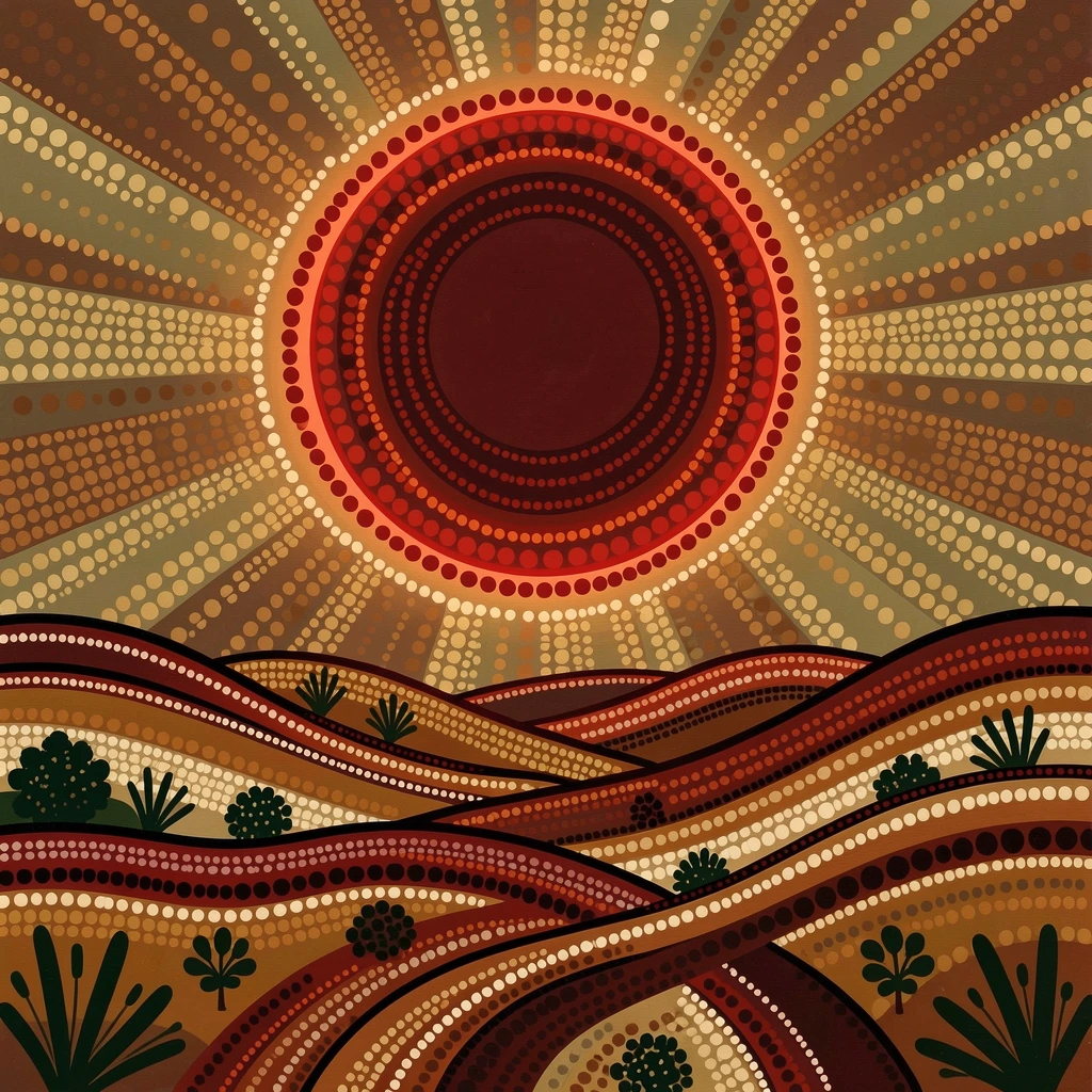 A lunar eclipse glowing deep red over a valley