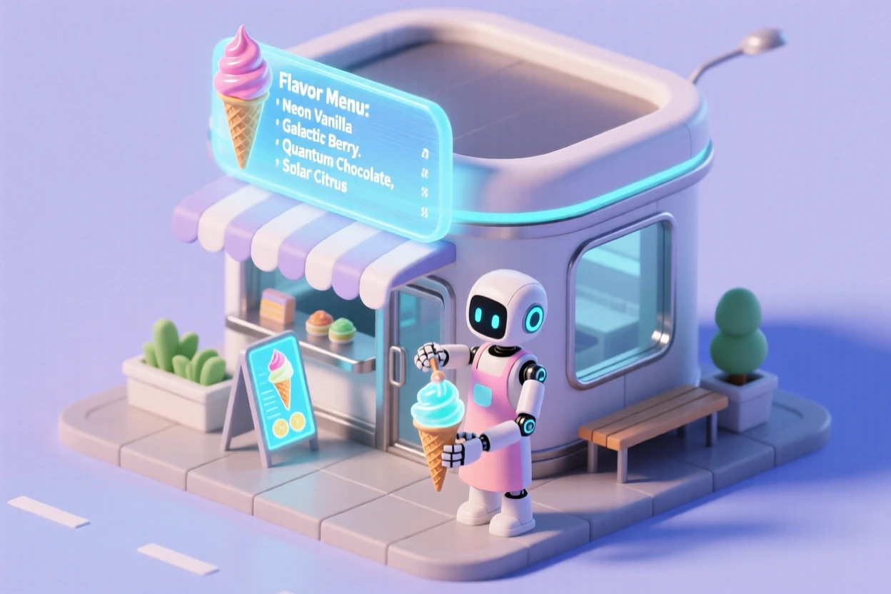 A futuristic ice cream parlor with holographic flavor menus and a robot scooping glowing frozen treats.