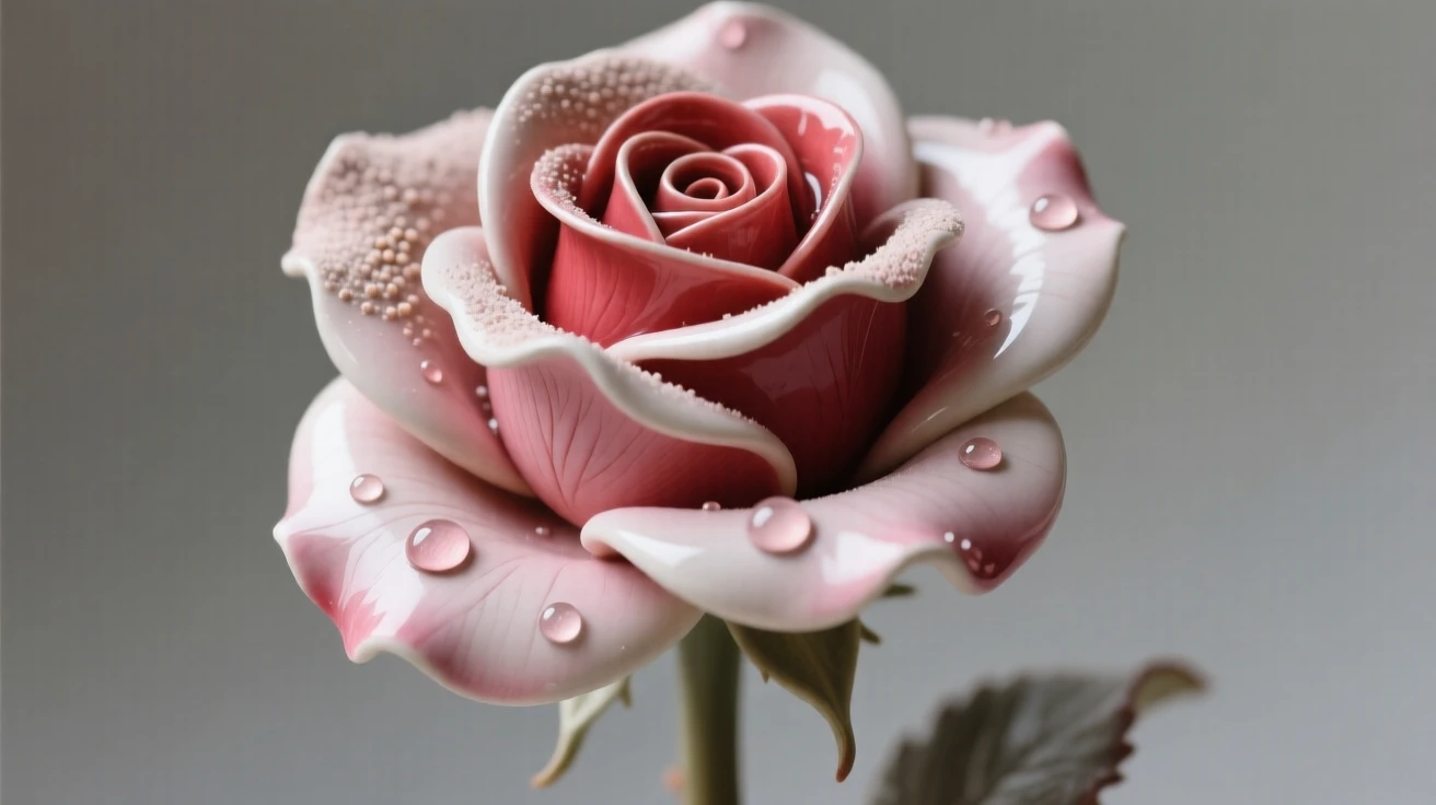 A single rose with dew clinging to its petals arranged as if freshly gathered, dusted with fine pollen, evoking fragile beauty and quiet renewal.