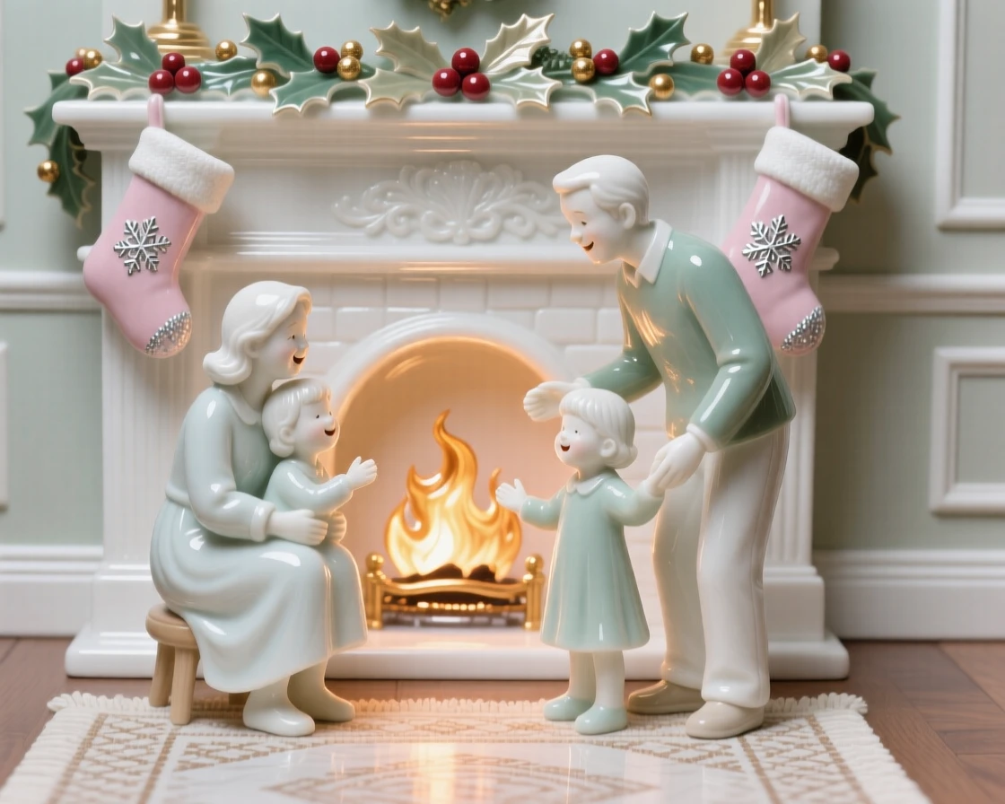 A joyful Christmas morning by the fireplace scene, warm light and joyful color filling the scene.
