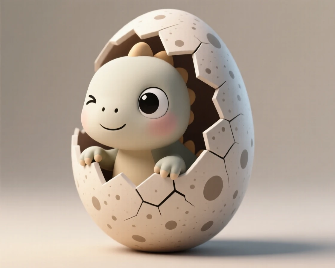 A curious baby dinosaur peeks out from a cracked speckled egg, blinking at its very first glimpse of sunlight.