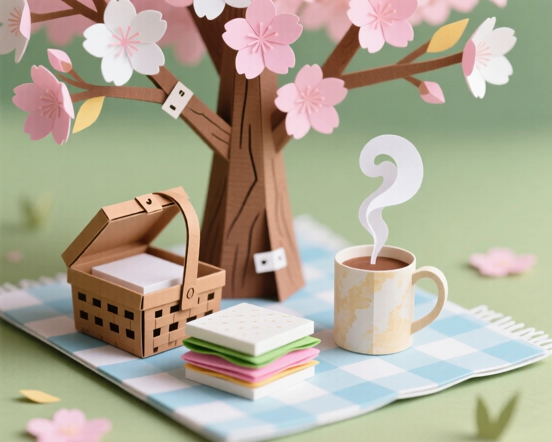 A picnic spread beneath a blossoming tree bathed in soft morning light, with steam rising gently from a warm drink, conveying gentle self-care and calm.