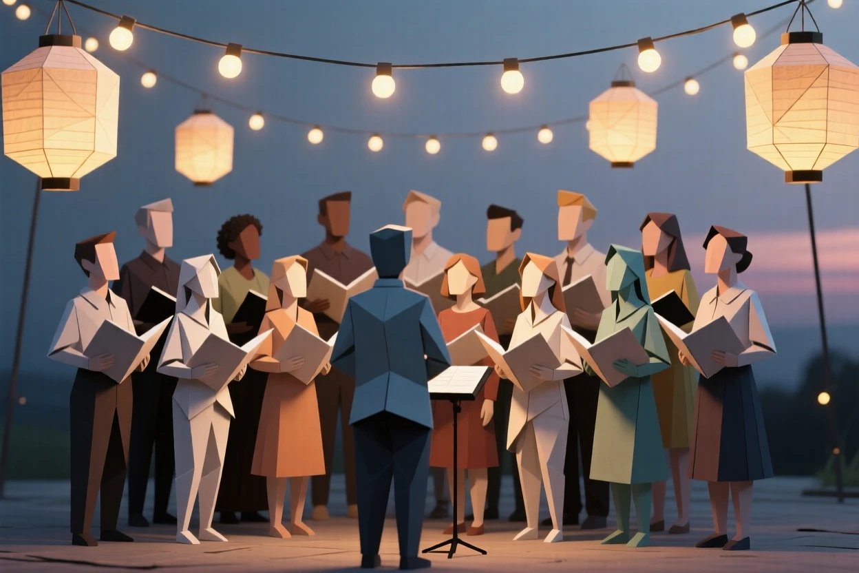 A community choir singing together under string lights at an evening gathering.