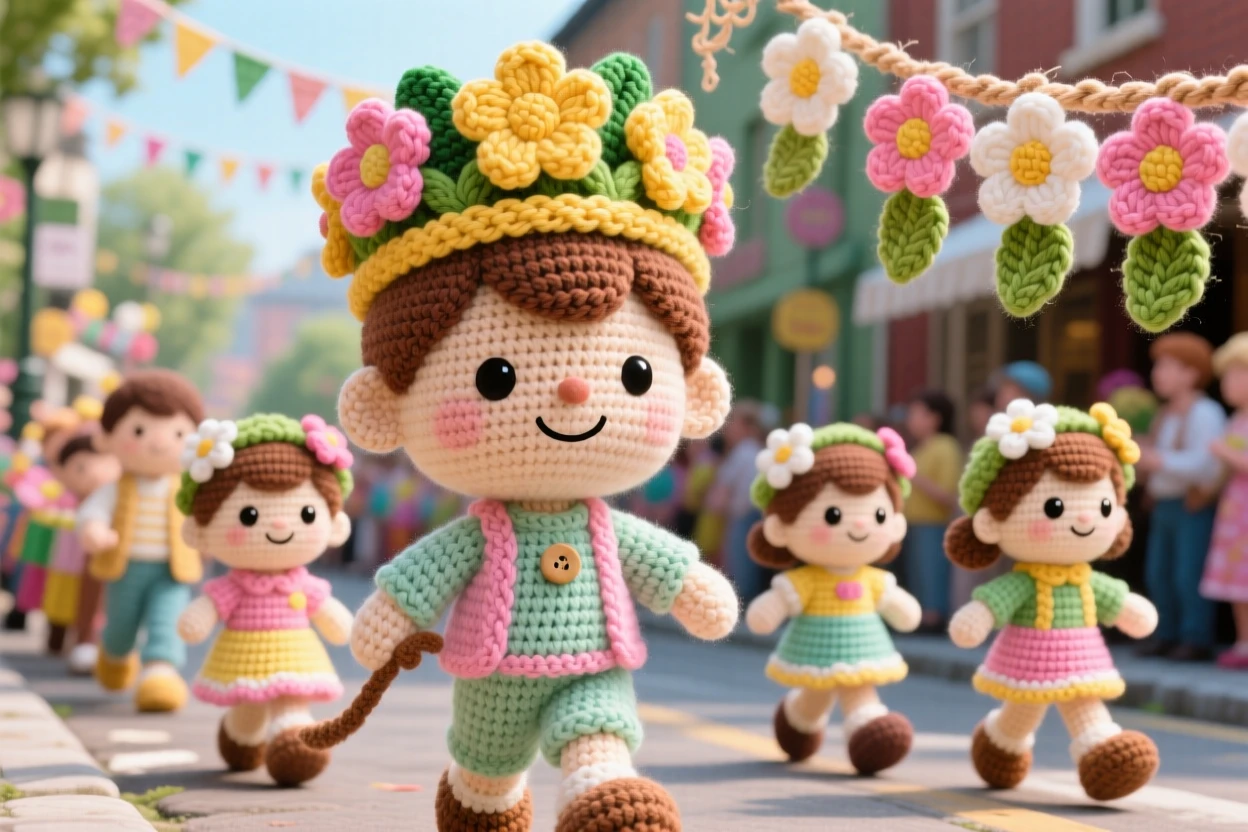 a small boy wearing a festival crown of woven flowers, for a spring celebration, is shown leading a small parade of friends in a bustling street decorated for a festival beside a garland of woven flowers draped nearby, capturing joyful community celebration and shared tradition.