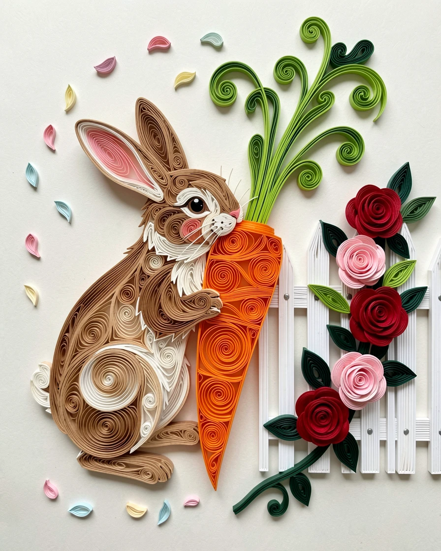 a bunny nibbling on a giant carrot twice its size beside a picket fence covered in climbing roses, surrounded by drifting flower petals, arranged with the subject slightly off-center for balance.