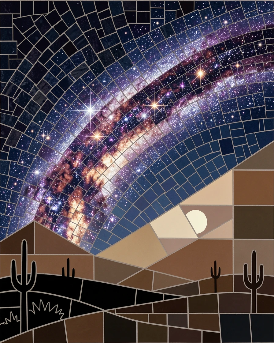 The milky way arching brilliantly over a silhouetted desert landscape, rendered in vivid deep color with luminous detail.