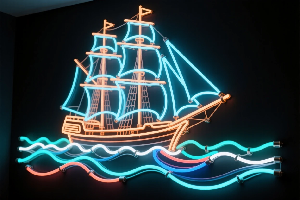 A tall sailing ship cutting through open ocean waves.