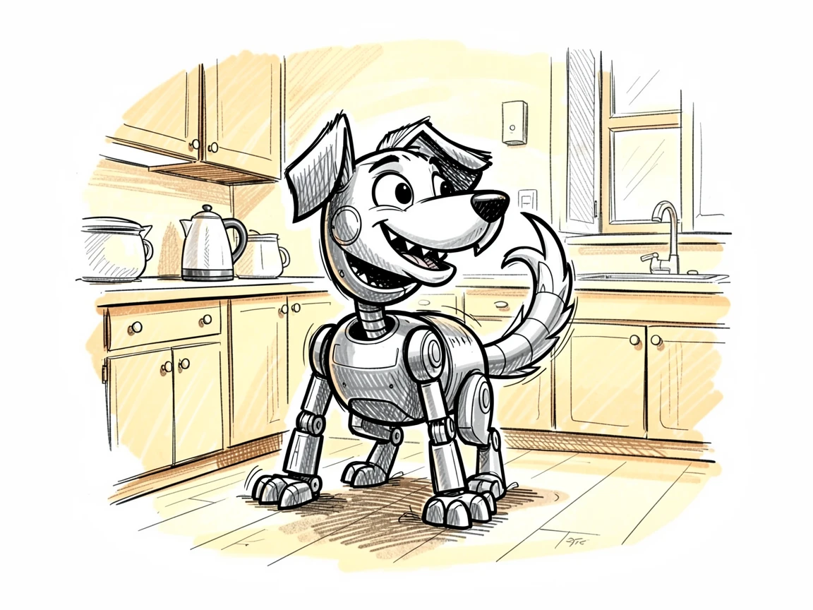 A robot dog wagging a metal tail inside a kitchen filled with warm light.