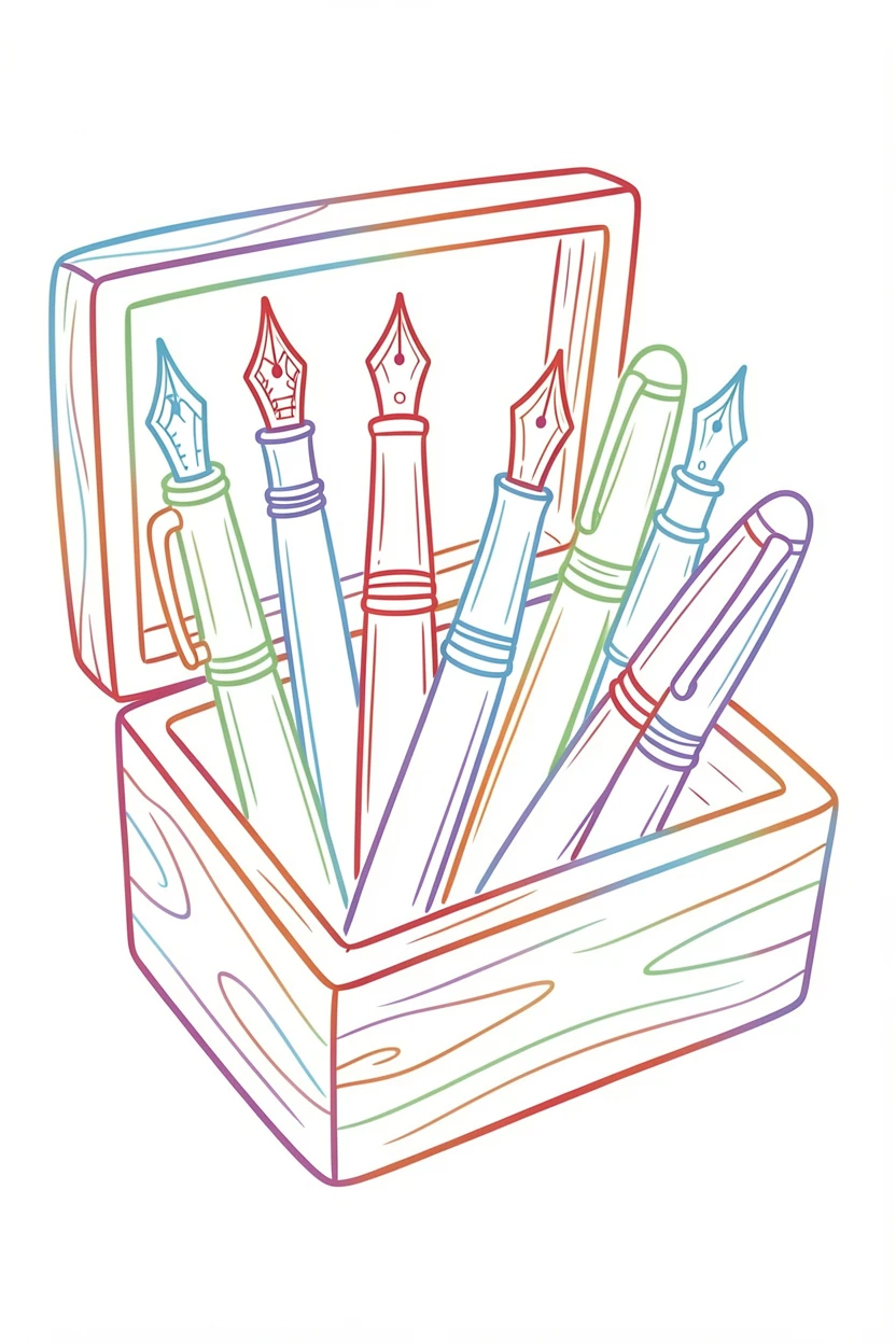A collection of vintage fountain pens displayed in a wooden case.