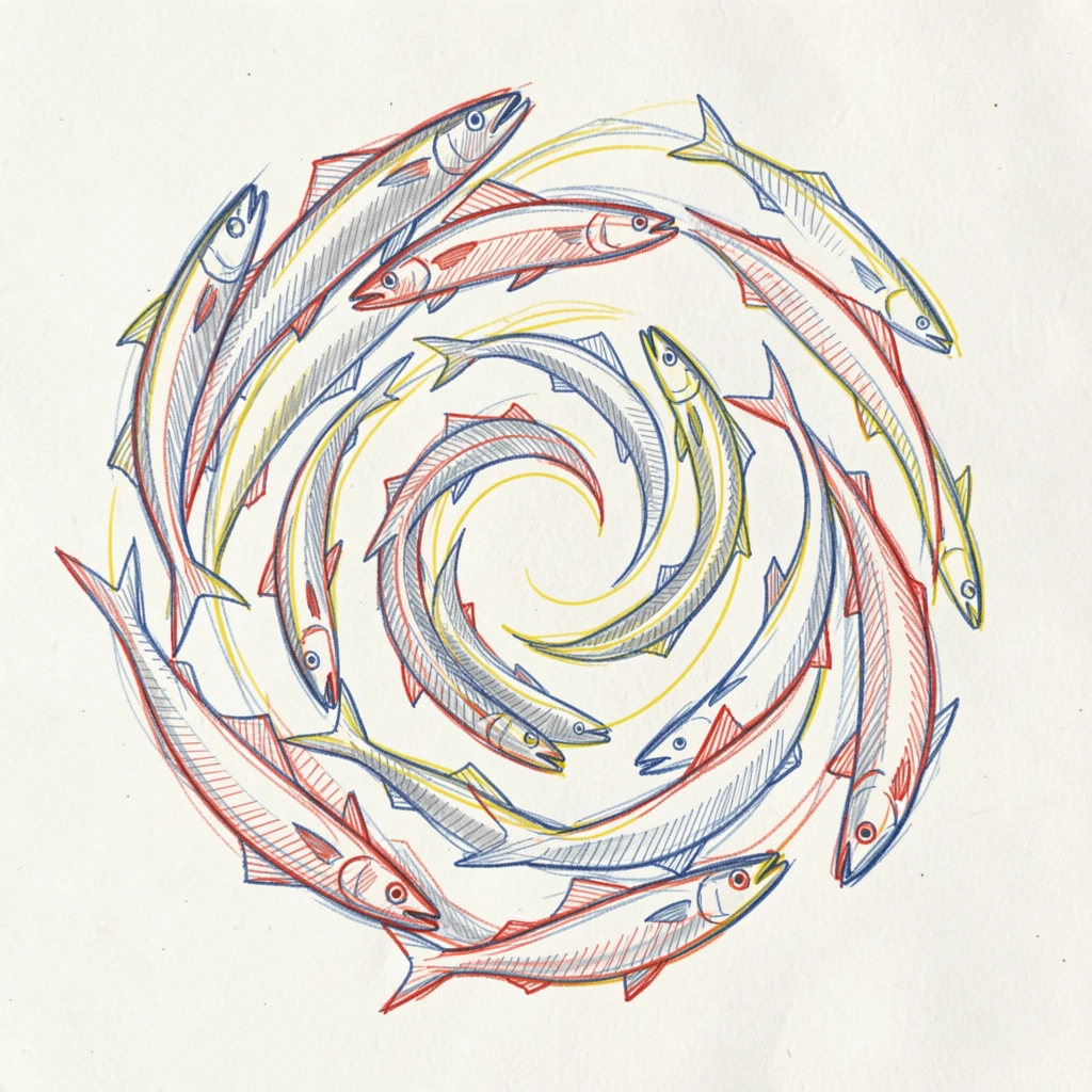 A school of barracuda forming a spiraling silver vortex