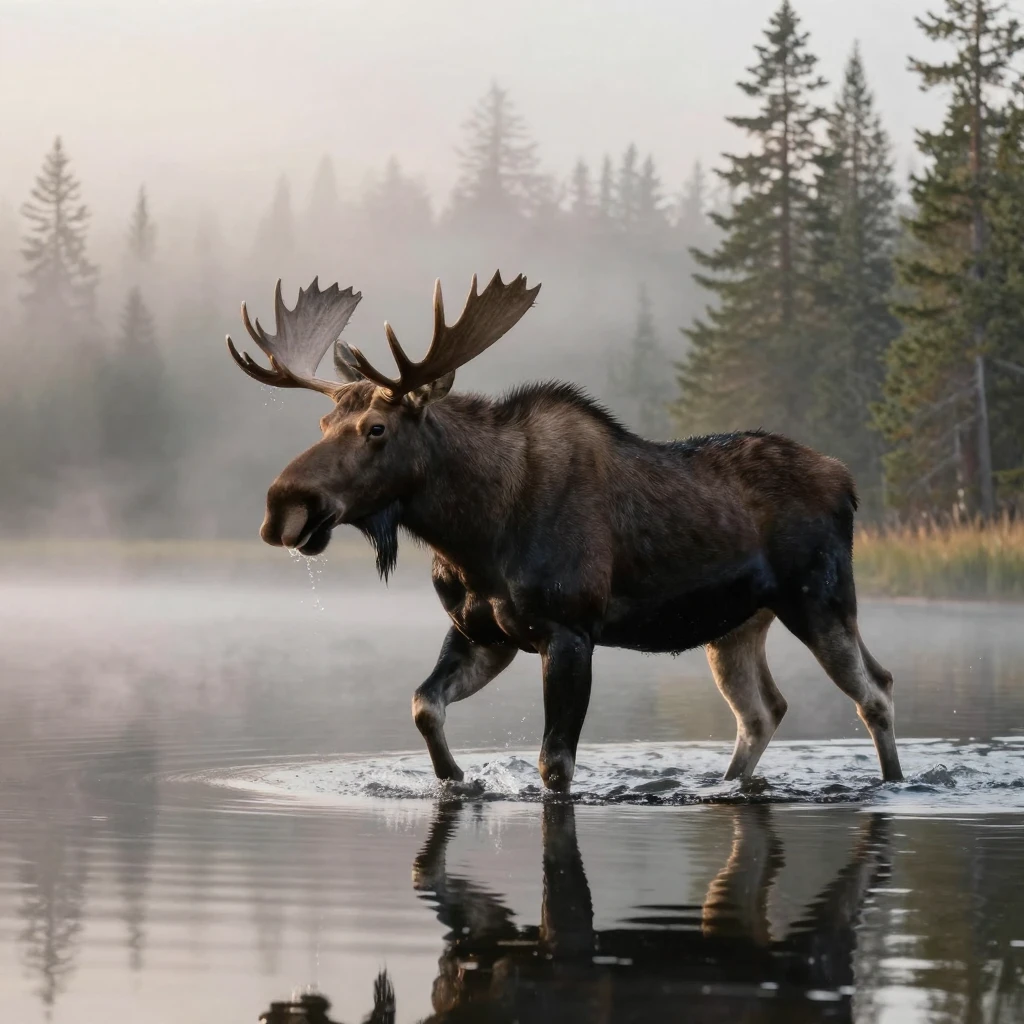 A moose wading through a misty northern lake
