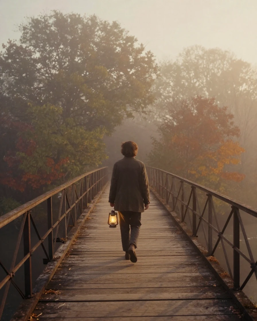 A pedestrian crossing a foggy bridge with a single lantern in hand, under soft golden-hour light, in thick rolling fog, in late autumn, with muted olive and rust colors, from behind, looking toward the horizon.
