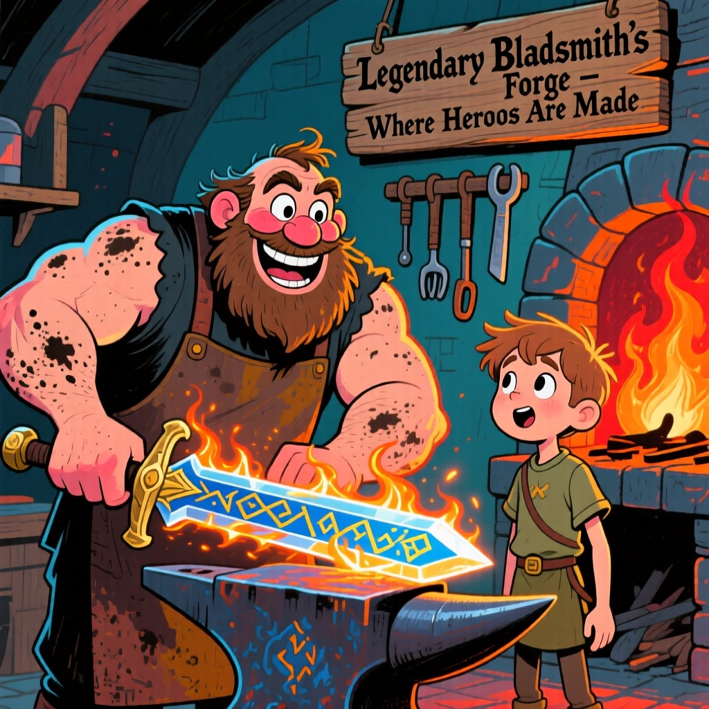 A medieval blacksmith forging a legendary sword for a young hero.
