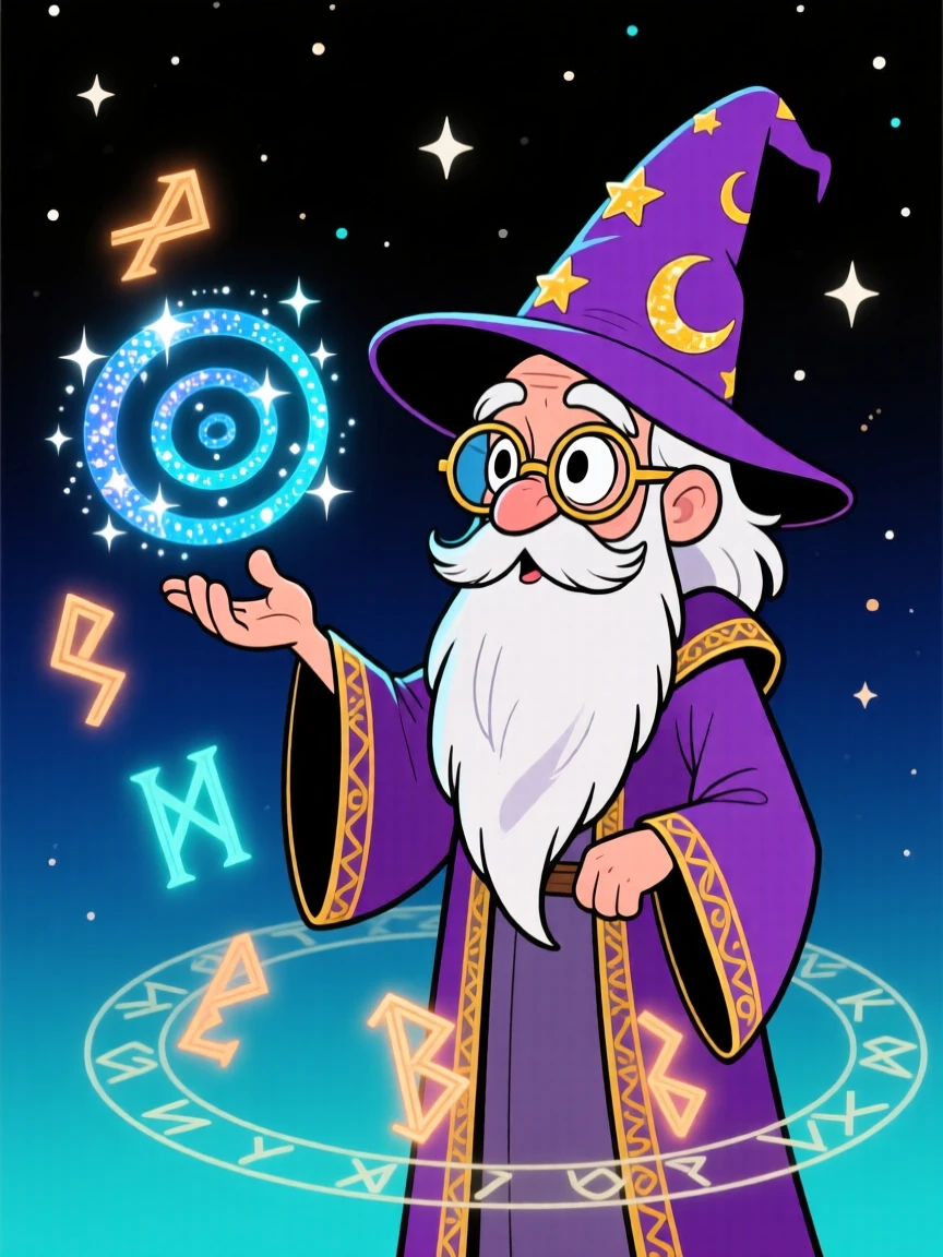 An imaginative fantasy scene of a wise old wizard casting a swirl of glittering magic from an outstretched hand, as ancient runes glow softly nearby.