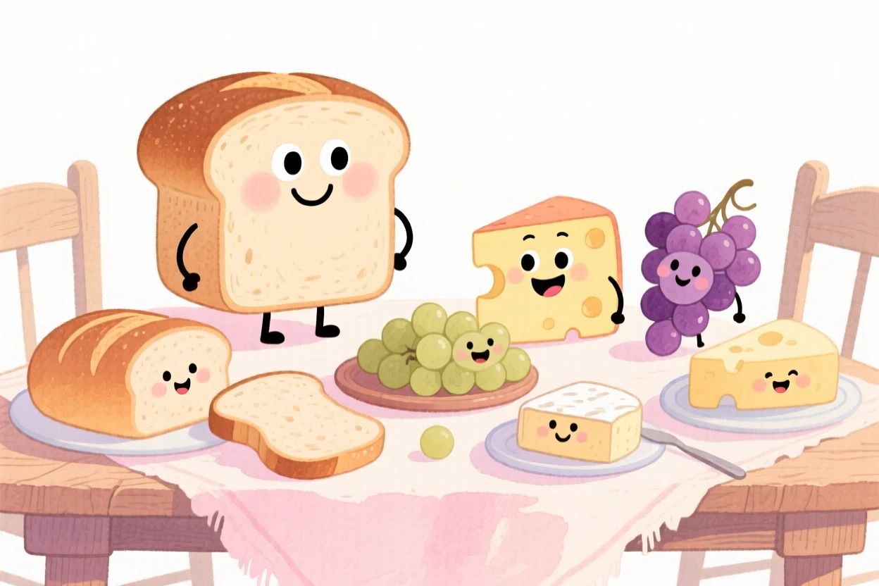 A cozy, appetizing, warm and inviting scene of a rustic table spread with fresh bread, cheese, and grapes