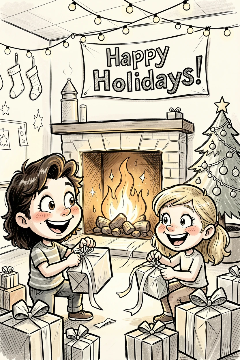[Seasonal Holidays & Celebrations] Festive scene of a sparkling school class wrapping presents by the fireplace, full of celebration and joy