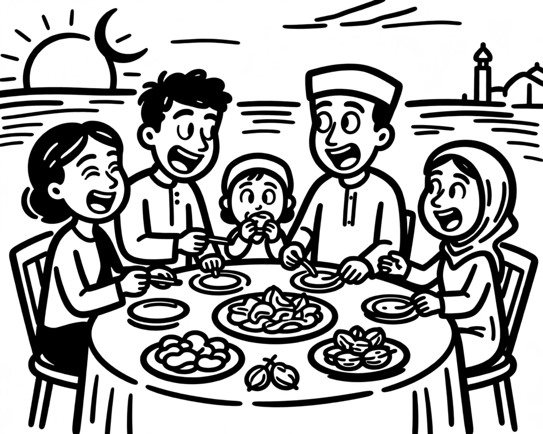 A family breaking their fast together at sunset with a beautifully set table during Ramadan.