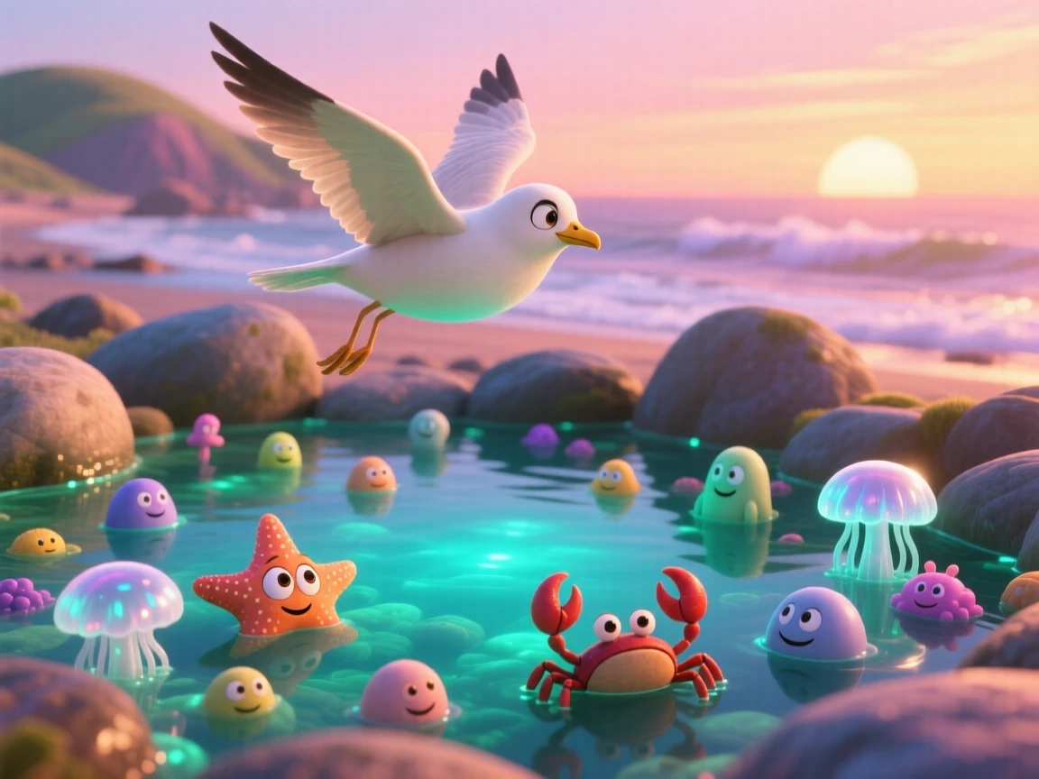 A tide pool full of tiny creatures glows as the first light of dawn spills over the horizon, with a lone bird gliding silently overhead. A deep sense of peace and quiet awe fills the scene.
