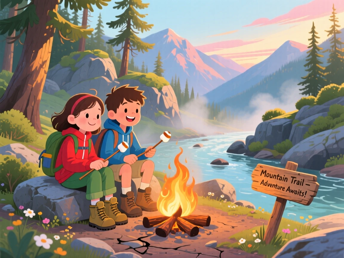 A pair of hiking siblings spends the day roasting marshmallows beside a crackling campfire through a rocky mountain trail, while a gentle mist rises from the water.