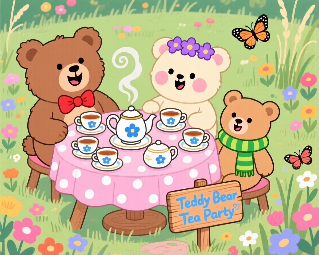 A teddy bear tea party set up with tiny porcelain cups.