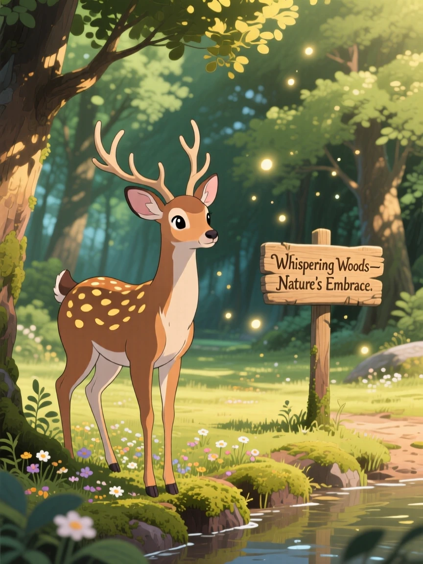 A deer pausing at the edge of a quiet forest clearing, with soft afternoon light warming its fur, radiating pure charm.