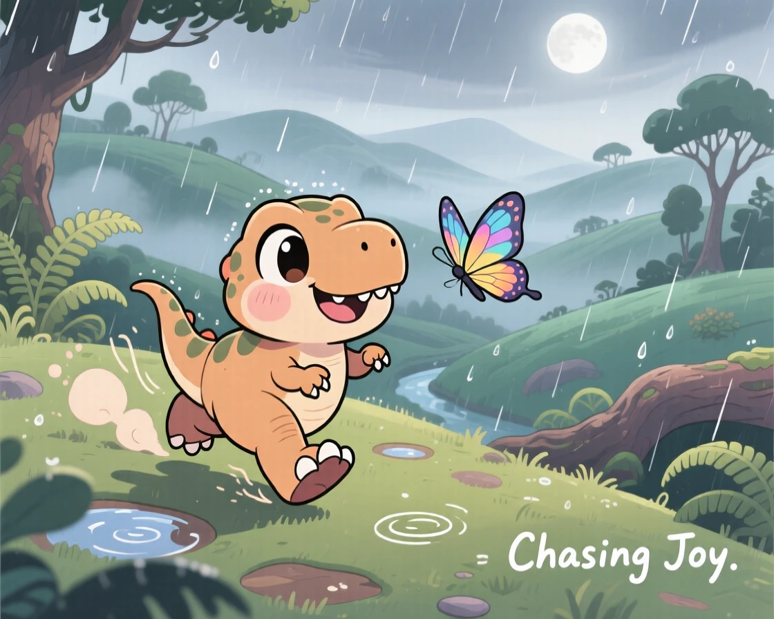 High aerial view: a friendly baby T-rex, chasing a butterfly with tiny stomping steps, set against a misty prehistoric valley during a gentle spring rain shower, with soft moonlight and a mood of warm affection.