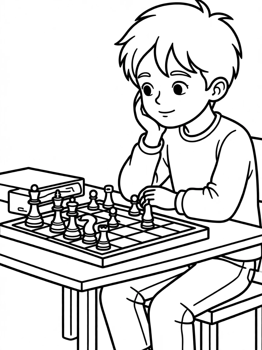 A young chess player thinking carefully over a board