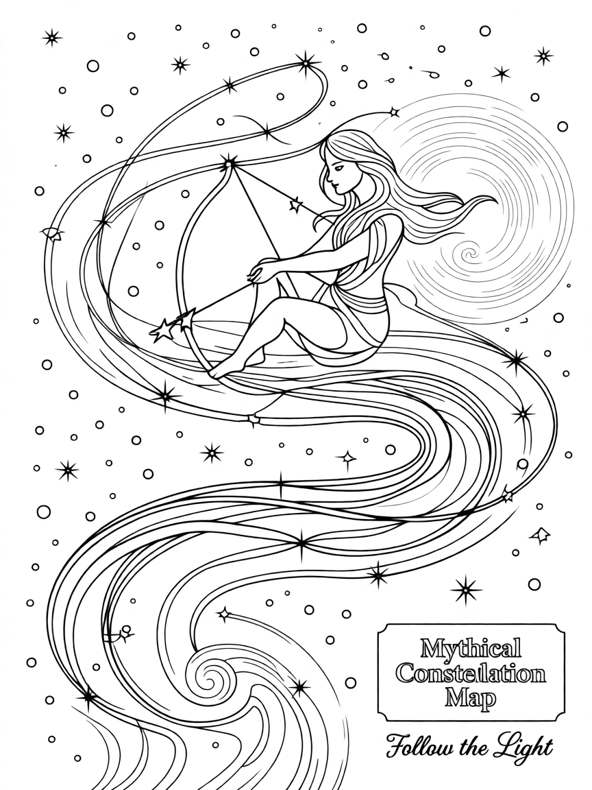 A constellation map connecting stars into a mythical figure, with a trail of light marking its path through space.