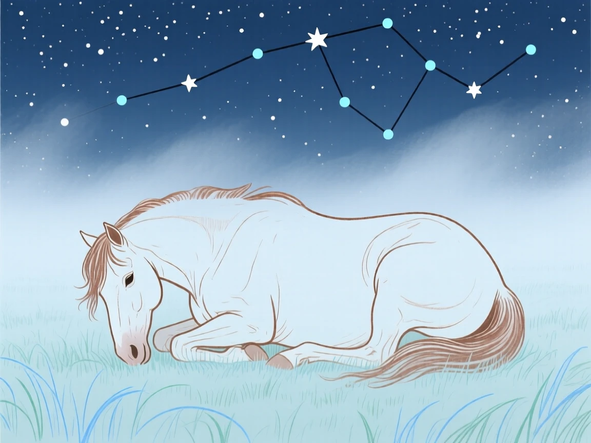 A wild mustang curled up together in a misty morning field under a clear starry sky.