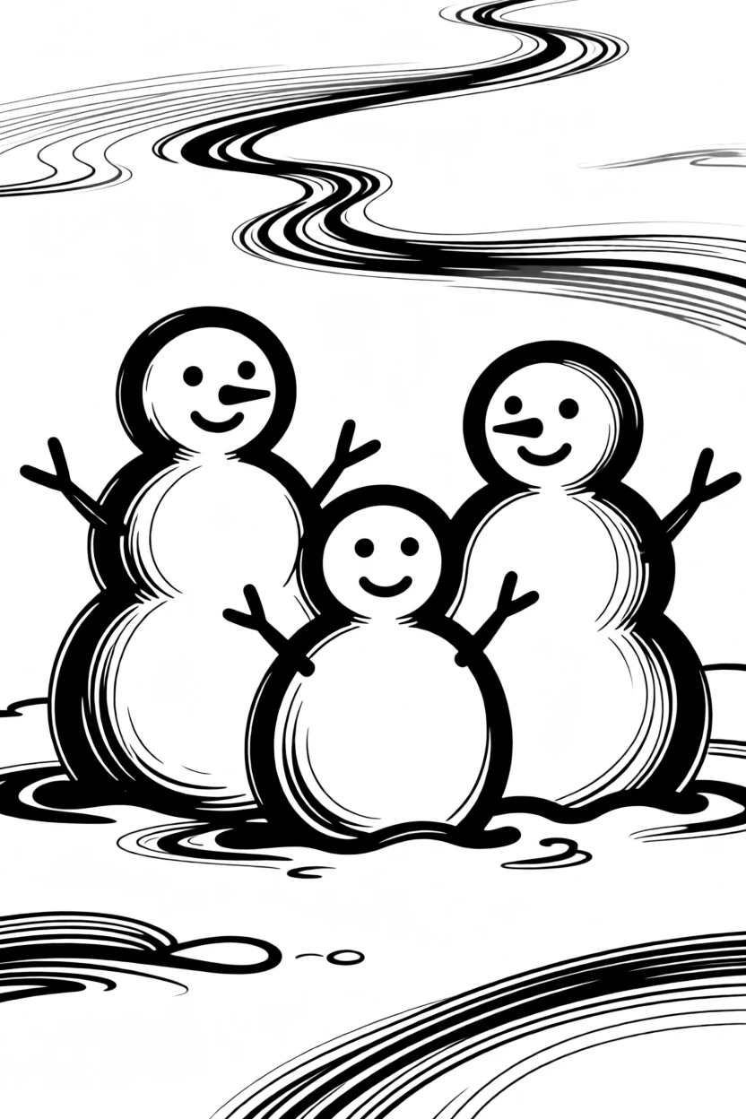 A snowman family standing in a freshly fallen snow-covered yard.