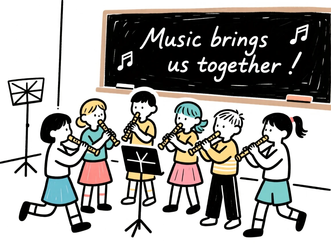 A group of children learning to play recorders in a music classroom.