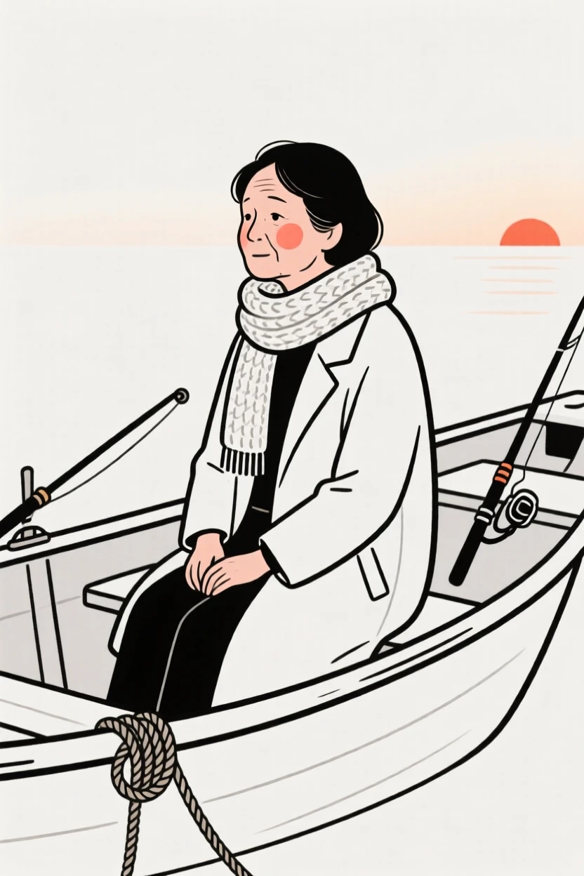 A middle-aged woman in a chunky knit scarf and coat, lost in quiet contemplation, on a fishing boat at dawn.
