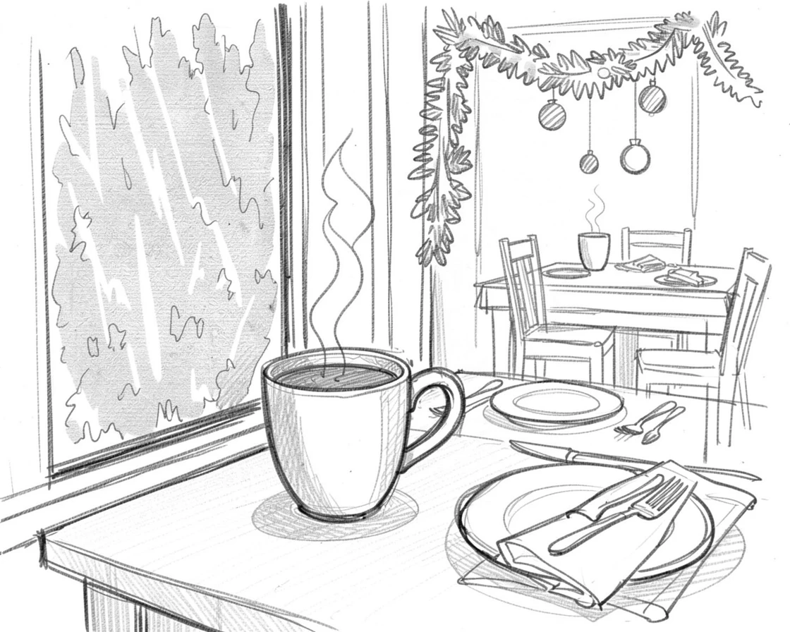 A hot cocoa mug beside a frosted window, in a beautifully set dining room, with festive colors filling the frame.