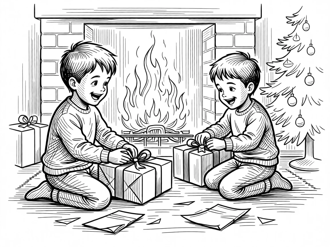 Children joyfully unwrapping presents beside a fireplace on Christmas morning.