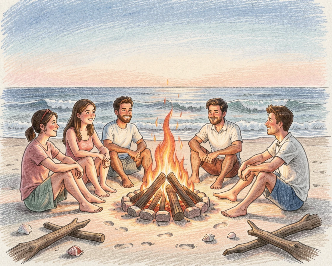 A beachside bonfire gathering during a warm summer evening, with soft, natural light bringing warmth to every detail, capturing a quiet story that lingers with the viewer.