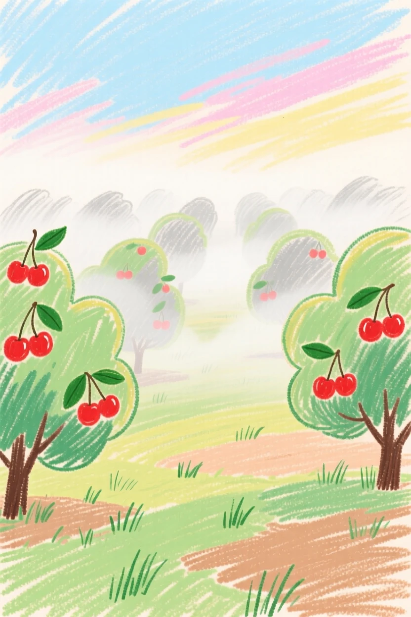 A view of a cherry orchard wrapped in a thin blanket of morning mist.