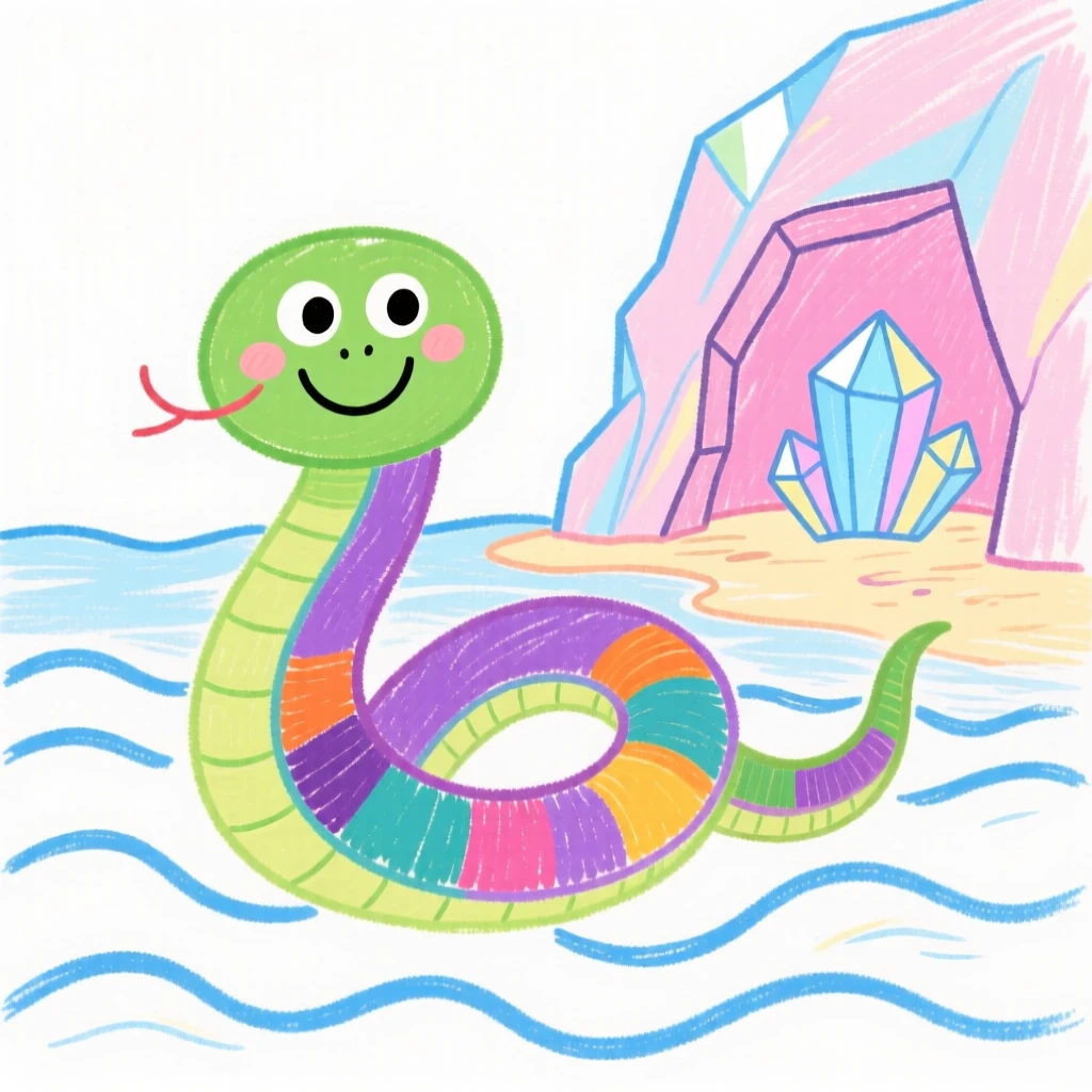A friendly sea serpent curling through waves near a crystal cave glowing with soft light.
