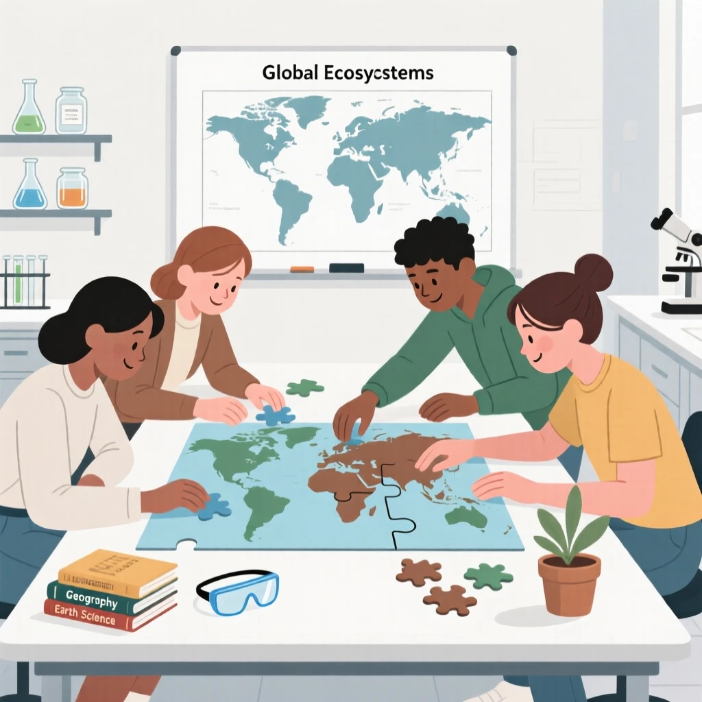 A group of students assembling a puzzle map in a science lab.