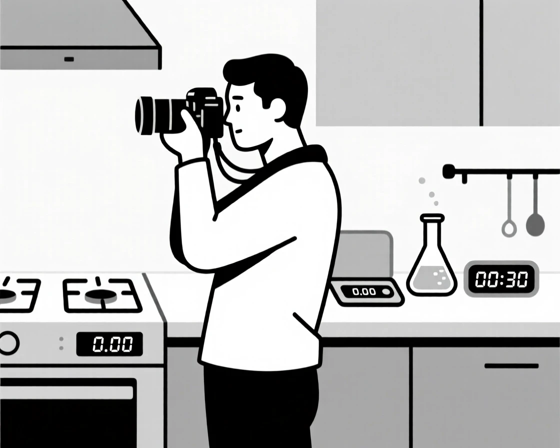 A focused photographer working at a bustling professional kitchen, surrounded by scientific instruments, expressing steady concentration.
