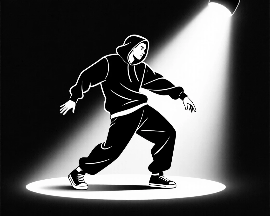 A hip-hop dancer freezing mid-move under spotlight.