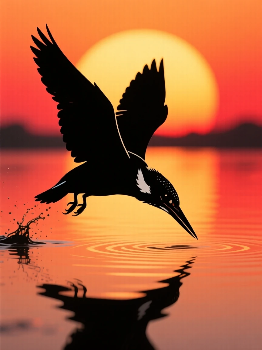 A single kingfisher diving straight down into a still pond.