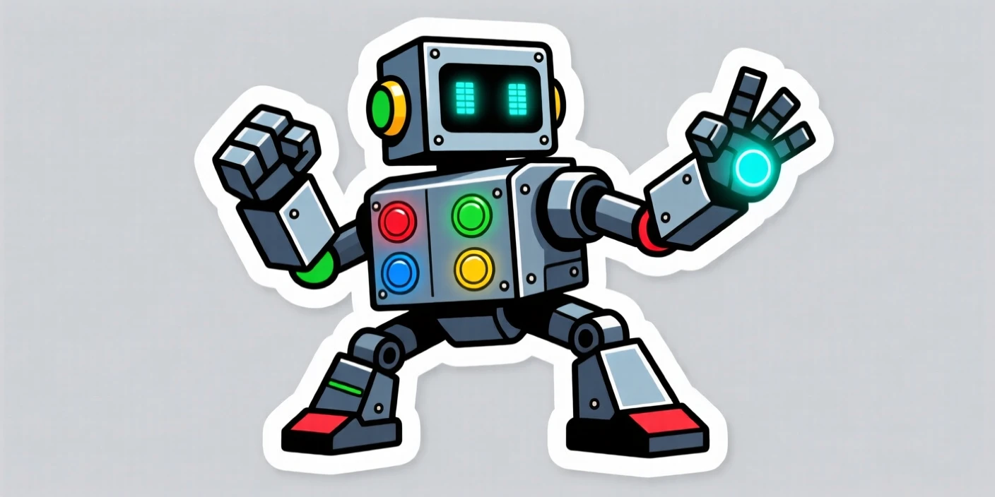 An action-packed retro arcade robot with glowing buttons, ready for the next big adventure, during an exciting made-up adventure.