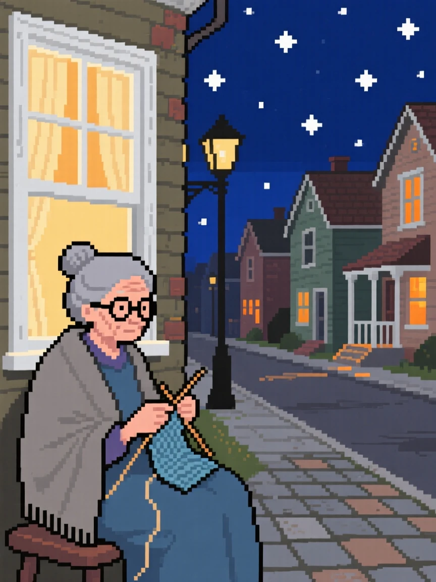 A grandmother knitting by the window set against a sky full of stars, on a neighborhood sidewalk lined with old houses.