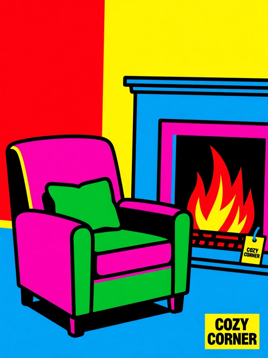 Cozy reading chair by a crackling fireplace