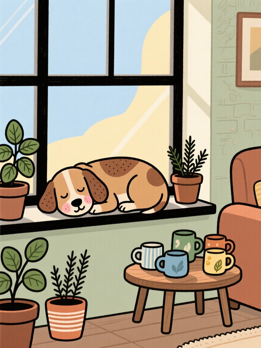 Morning light spills across a cozy living room filled with potted herbs and mismatched mugs, where a old dog naps peacefully on the windowsill.